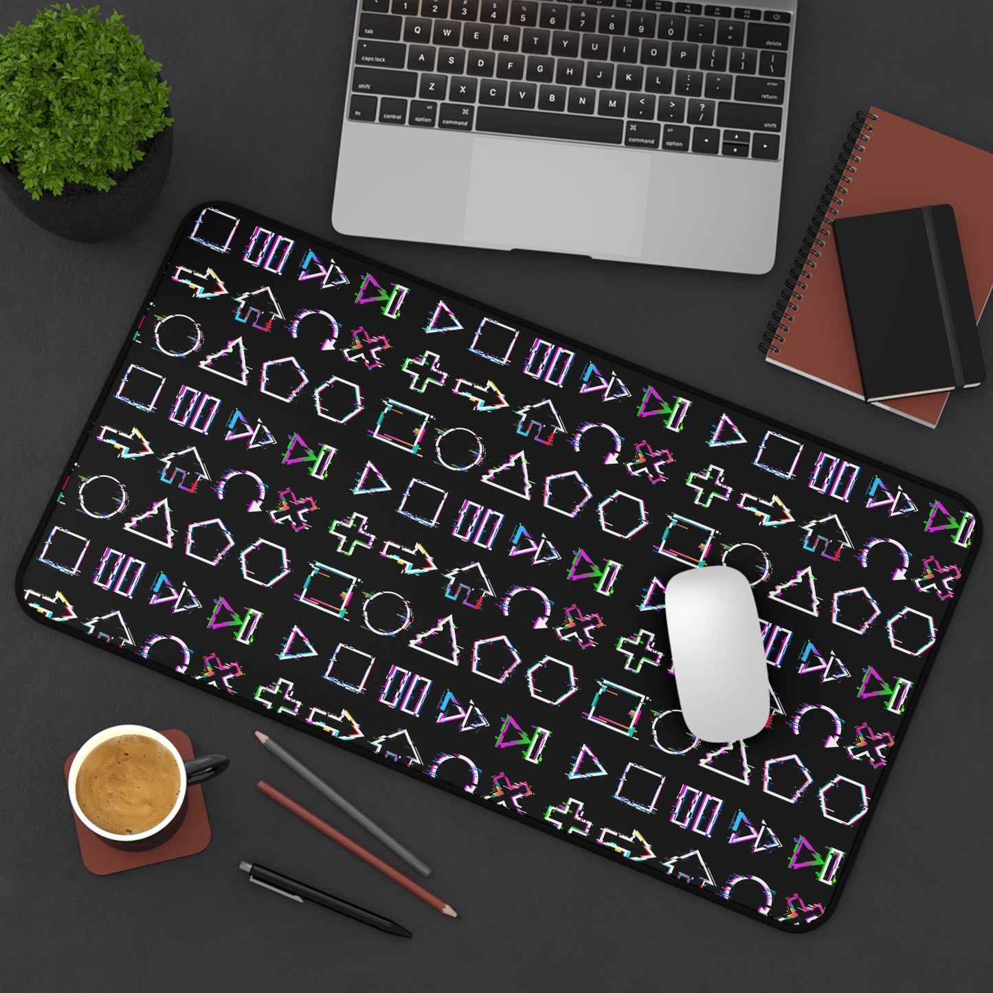 Retro Button Geometric Symbol Desk Mat - Customizable Neoprene Anti-Slip Mouse Pad - Neon Office Decor - Available in 3 Sizes Glitch Buttons