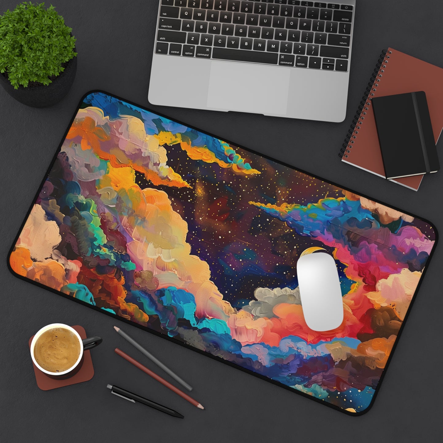 Dreamy Night Sky Computer Desk Mat | Colorful Clouds and Moon Mouse Pad | Anti-Slip Neoprene Desk Mat for Home Office | 3 Sizes Available