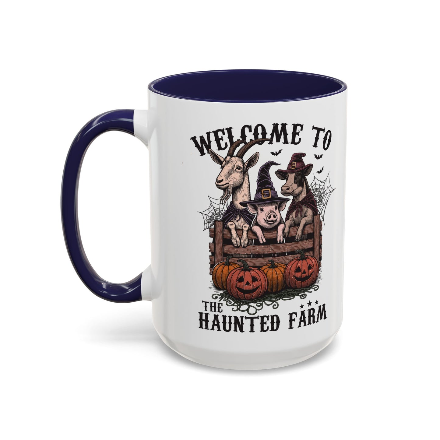 Welcome to the Haunted Farm Mug | Spooky Farm Animal Halloween Cup | Goat, Pig, and Cow in Witch Hats