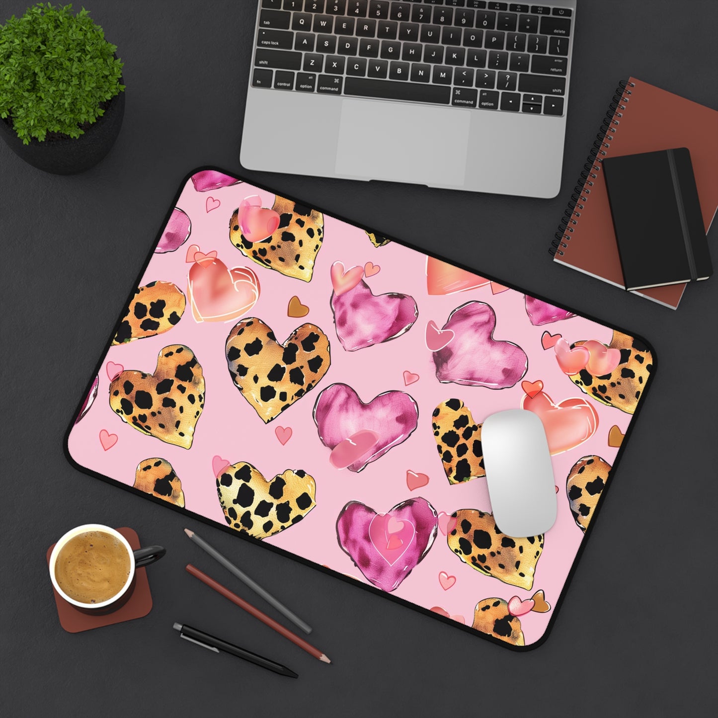 Heart Pattern Computer Desk Mat | Pink Leopard Hearts Mouse Pad | Anti-Slip Neoprene Desk Mat for Home Office | 3 Sizes Available