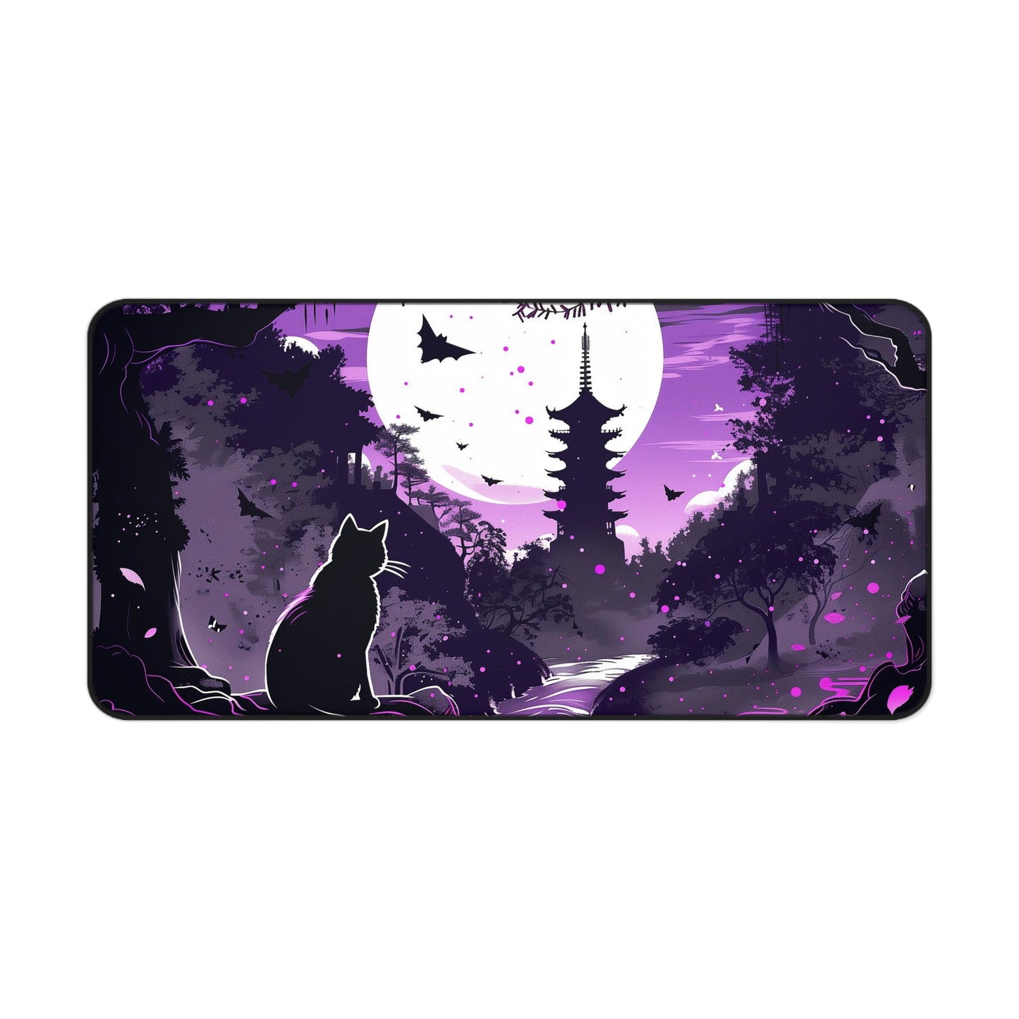 Mystical Night Computer Desk Mat | Cat and Pagoda Moonlight Mouse Pad | Anti-Slip Neoprene Desk Mat for Home Office | 3 Sizes Available