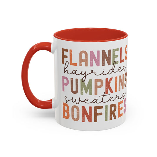 Flannels, Hayrides, Pumpkins, Sweaters, Bonfires Ceramic Mug - 11oz/15oz Fall Coffee Cup | Cozy Autumn Gift | 5 Color Options