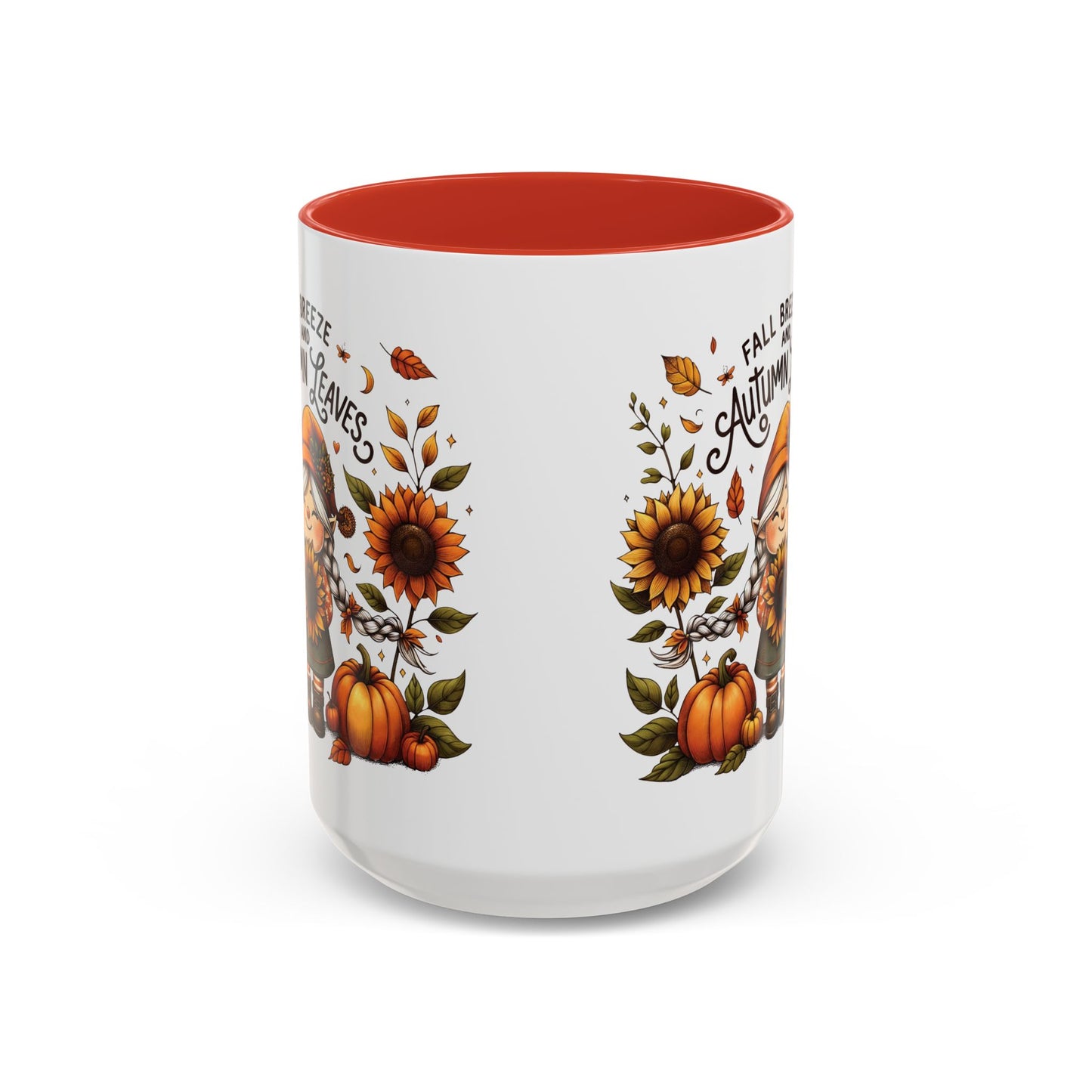 Fall Breeze and Autumn Leaves Mug | 11oz and 15oz Ceramic Coffee Cup | Cute Gnome, Sunflower, & Pumpkin Design