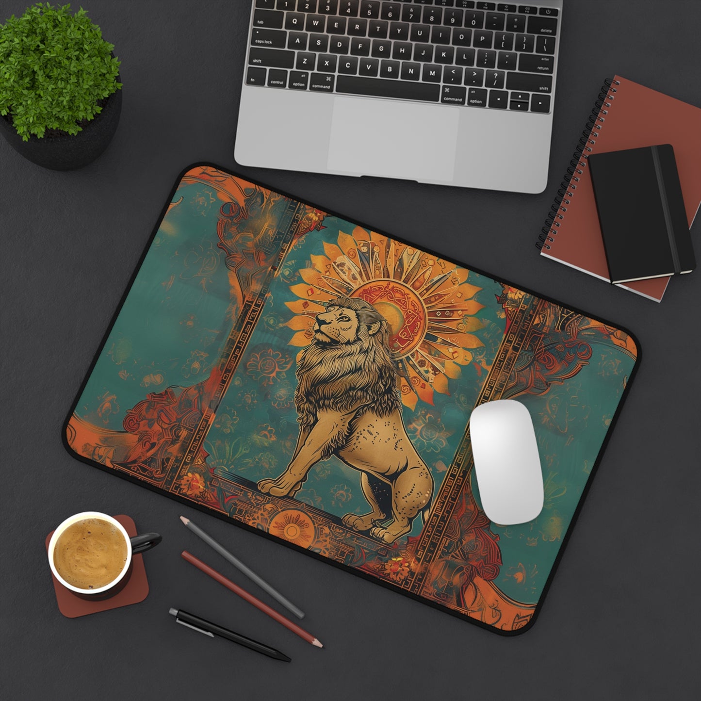 Regal Lion Desk Mat | Vintage Sunburst Design | Neoprene | Anti-Slip | 3 Sizes