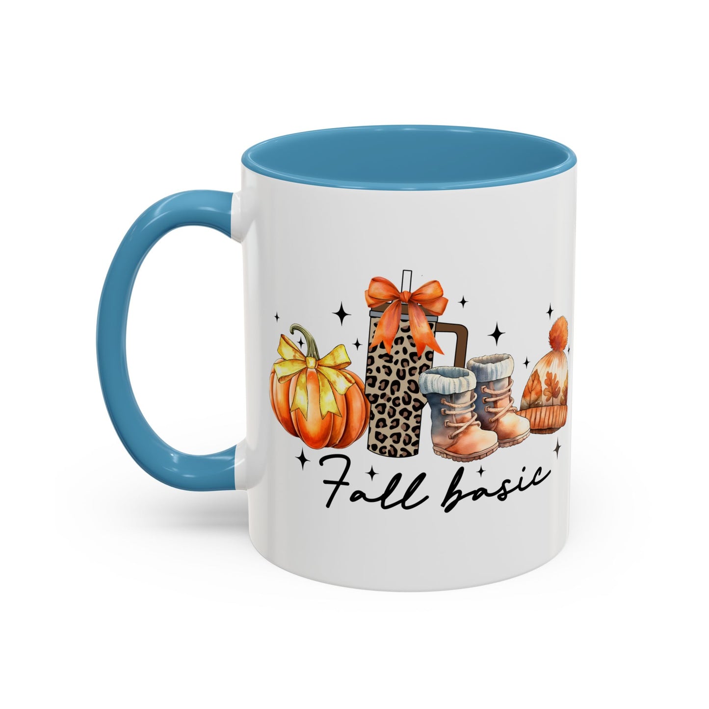 Fall Basic Autumn Mug | 11oz/15oz Ceramic Coffee Cup | Cozy Fall Essentials Design | Pink, Red, Black, Light Blue, or Navy Handle & Interior