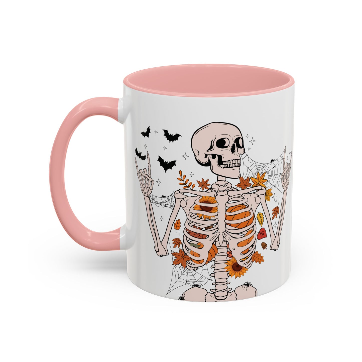 Spooky Skeleton Halloween Mug | 11oz and 15oz Ceramic Coffee Cup | Fall Leaves & Bats Design