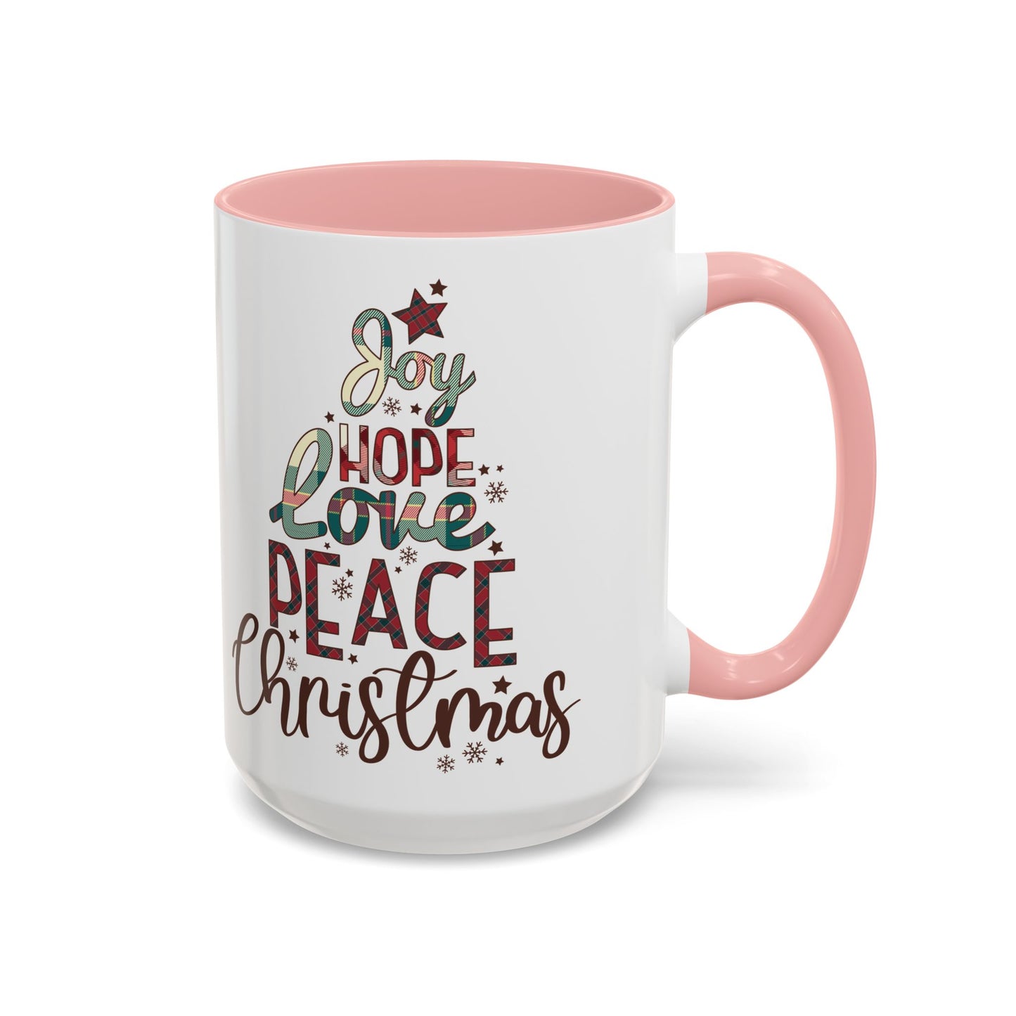 Joy Hope Love Peace Christmas Mug | Festive Holiday Plaid Design | Christmas Tree Word Art Coffee Mug