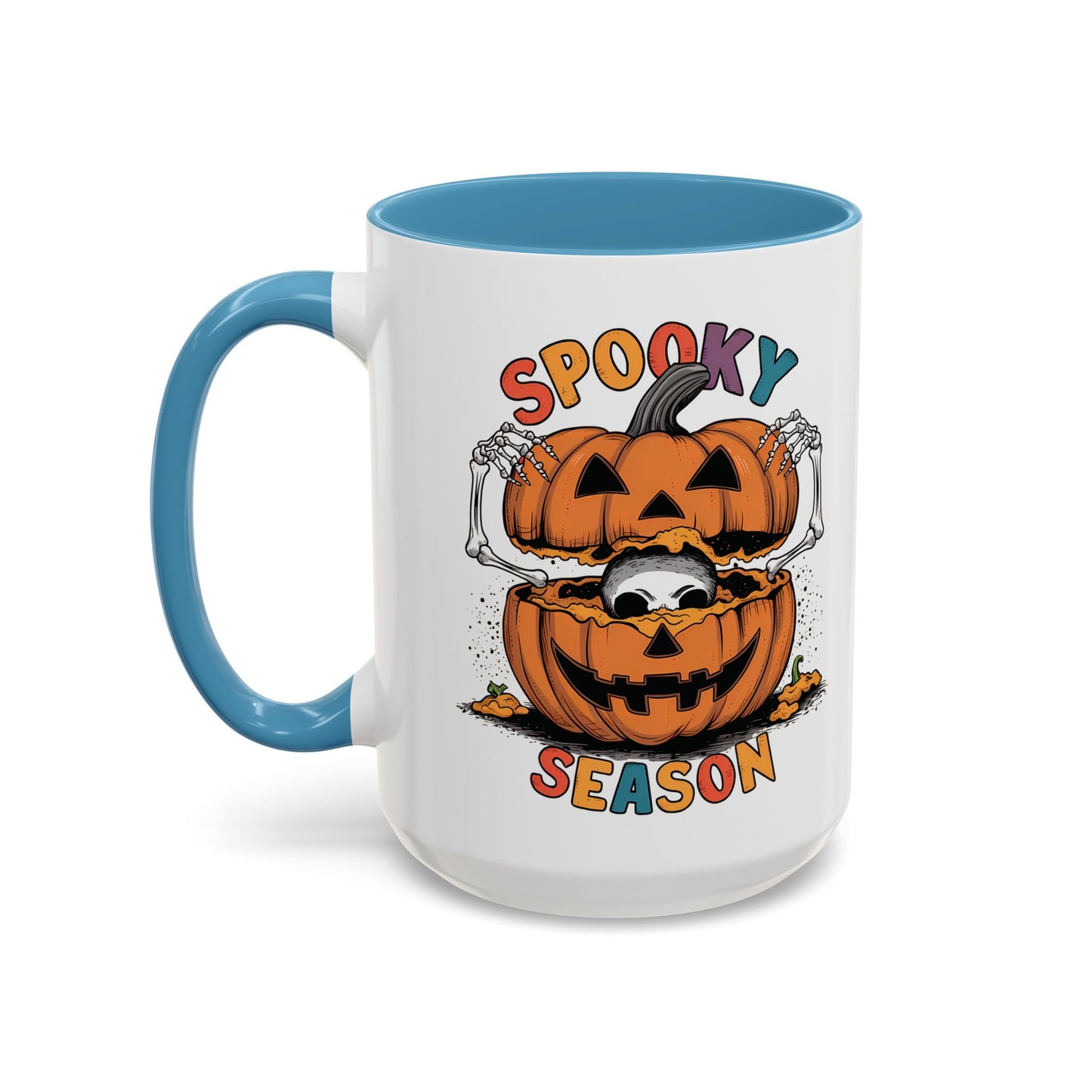 Spooky Season Halloween Mug | 11oz and 15oz Ceramic Coffee Cup | Skeleton in Pumpkin Design