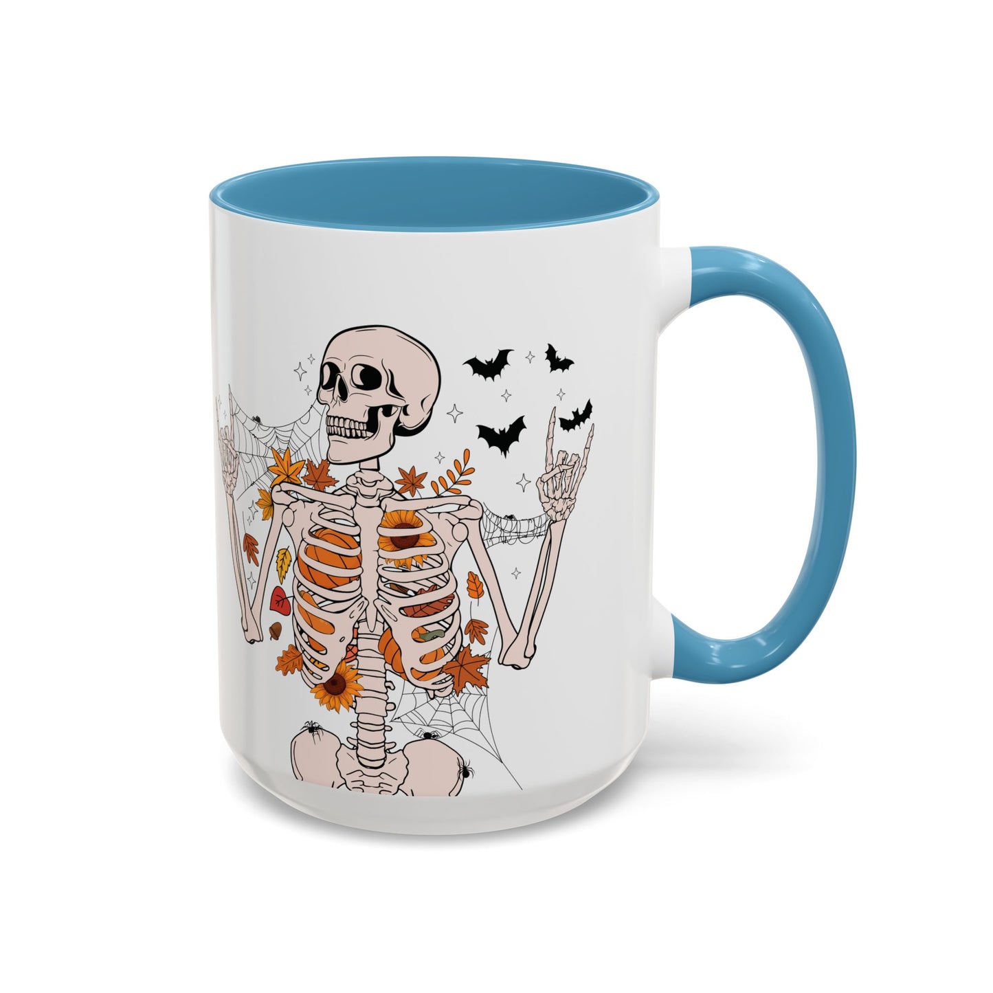 Spooky Skeleton Halloween Mug | 11oz and 15oz Ceramic Coffee Cup | Fall Leaves & Bats Design