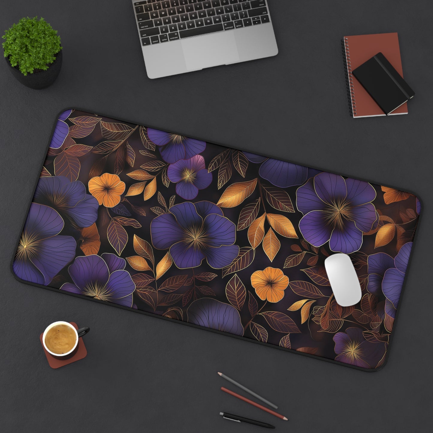 Midnight Blossom Computer Desk Mat | Floral Mouse Pad | Anti-Slip Neoprene Desk Mat for Home Office | 3 Sizes Available