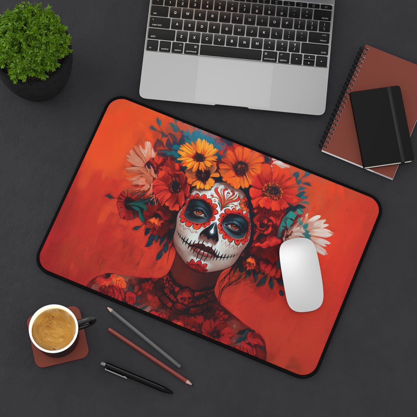 Day of the Dead Floral Skull Desk Mat | Vibrant Día de los Muertos Art | Neoprene Office Decor