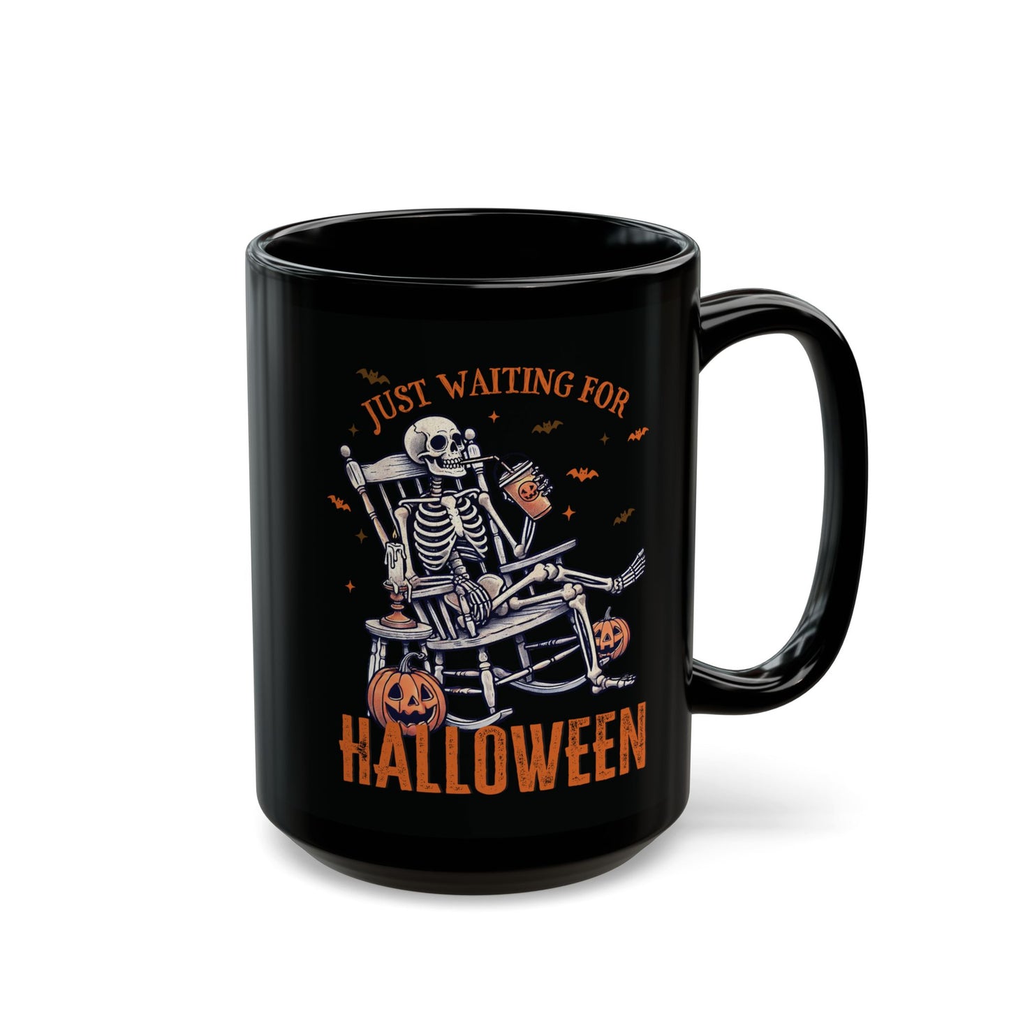 Halloween Skeleton Mug - Just Waiting for Halloween - Black Ceramic Coffee Mug - Spooky Gift - 11oz & 15oz - BPA Free - Microwave Safe