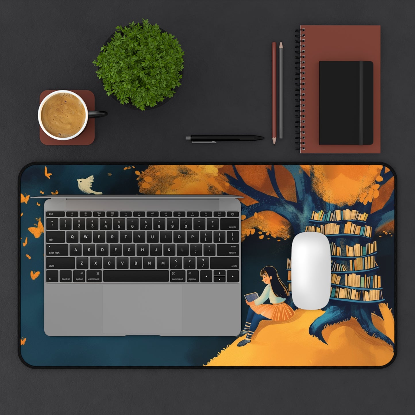 Whimsical Reading Tree Computer Desk Mat | Literary Mouse Pad | Anti-Slip Neoprene Desk Mat for Home Office | 3 Sizes Available