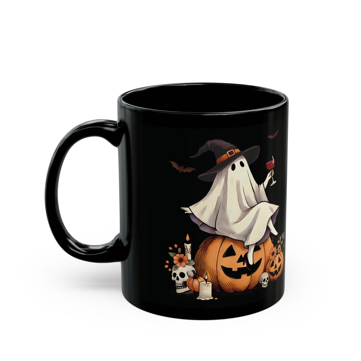 Halloween Ghost on Pumpkin Mug | 11oz /15oz Black Ceramic Coffee Cup | Witch Hat & Wine Design | Spooky and Festive Fall Gift