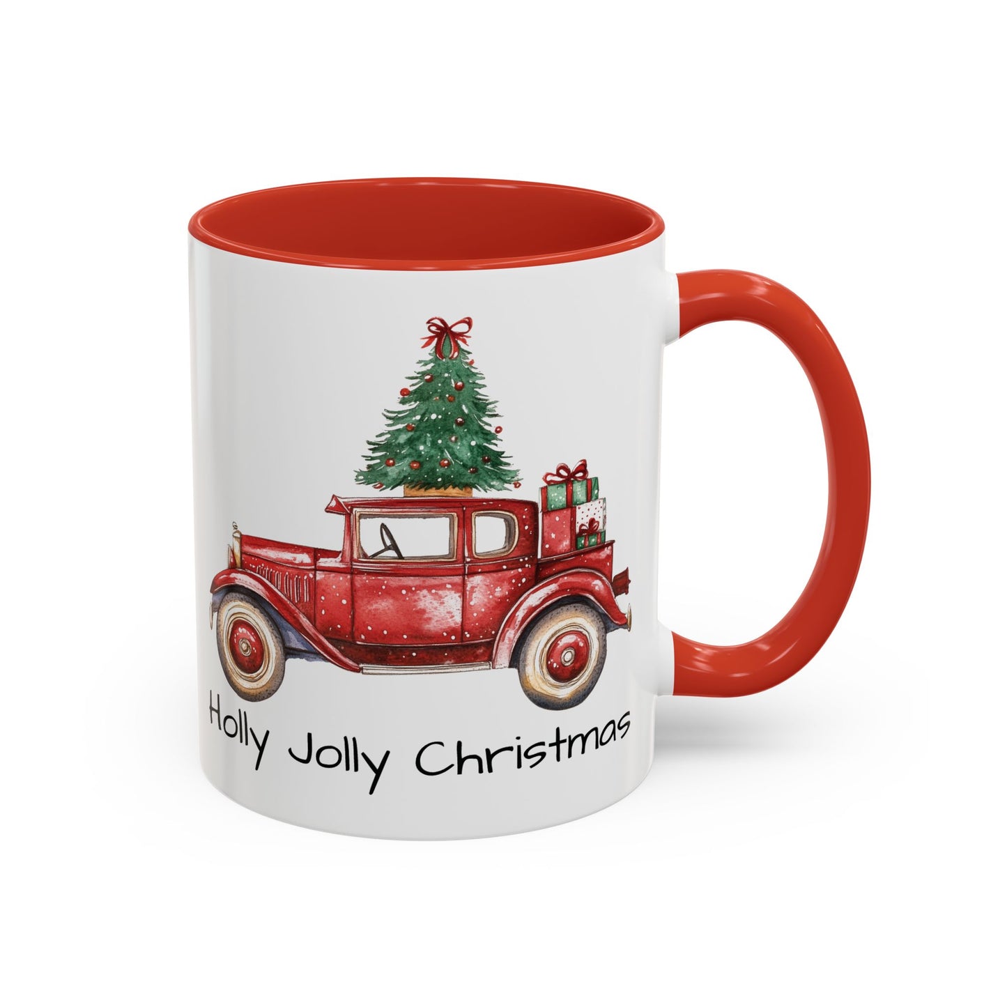 Holly Jolly Christmas Vintage Truck Mug - Vintage Red Truck with Christmas Tree Design - Perfect for Holiday Cheer