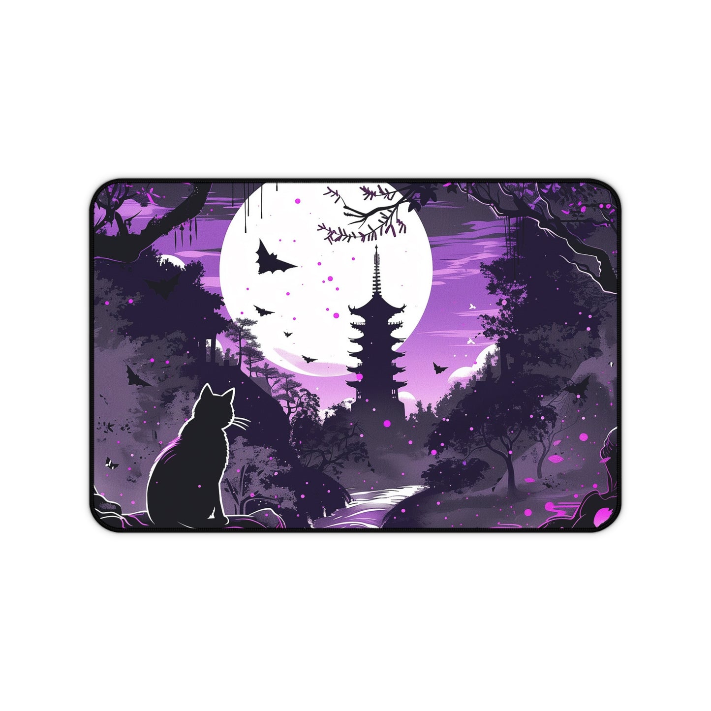 Mystical Night Computer Desk Mat | Cat and Pagoda Moonlight Mouse Pad | Anti-Slip Neoprene Desk Mat for Home Office | 3 Sizes Available