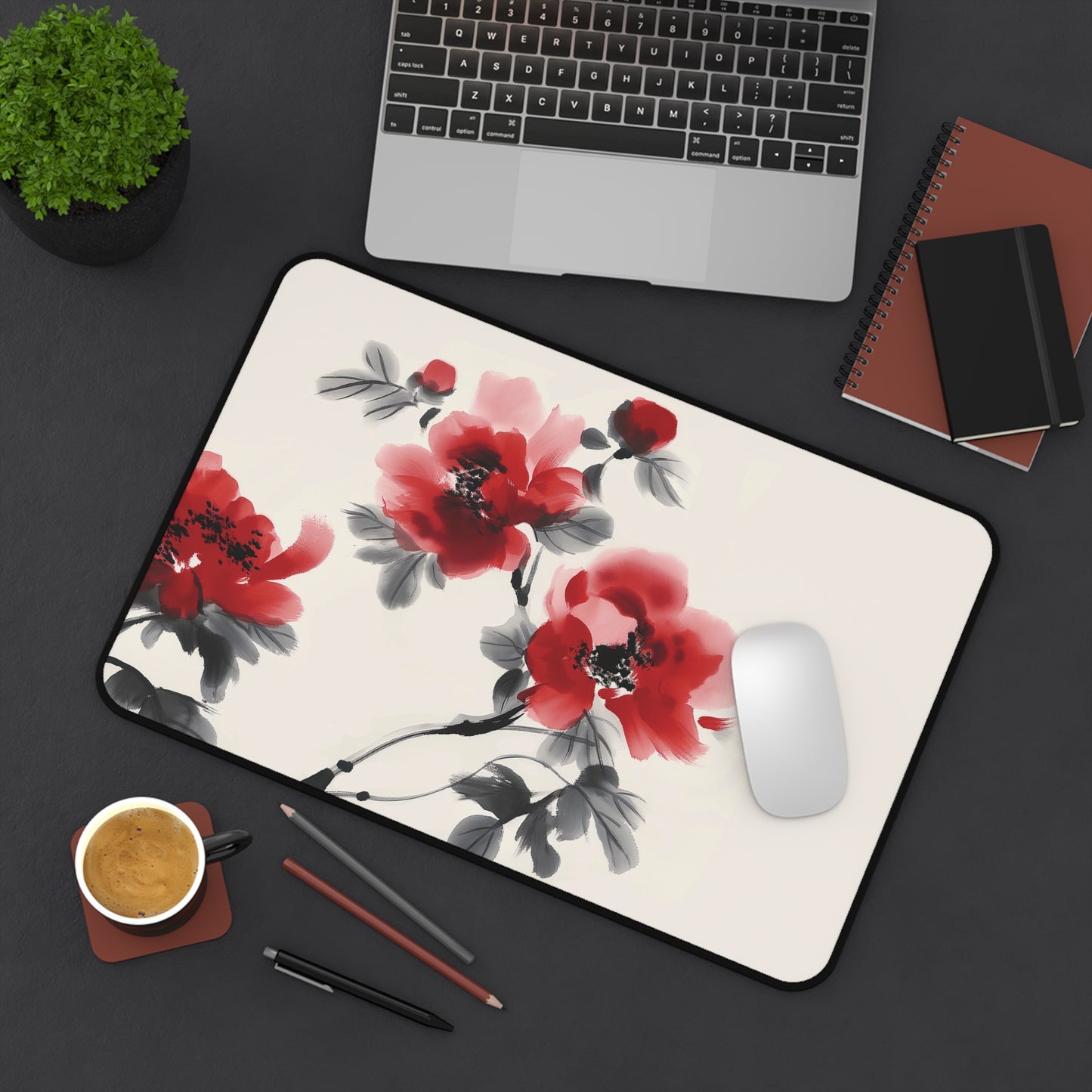 Red Blossoms Desk Mat | Elegant Floral Anti-Slip | 3 Sizes | Office Decor