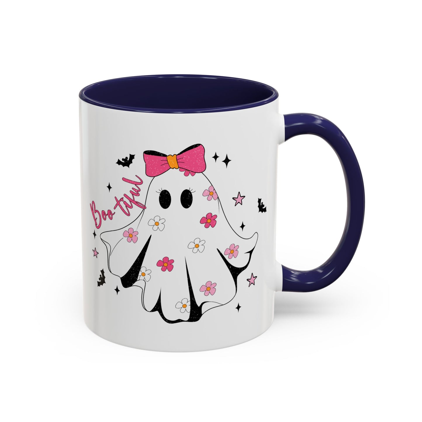 Boo-tiful Halloween Ghost Mug | 11oz and 15oz Coffee Cup | Cute Floral Design | Pink, Red, Black, Light Blue, or Navy Handle and Interior