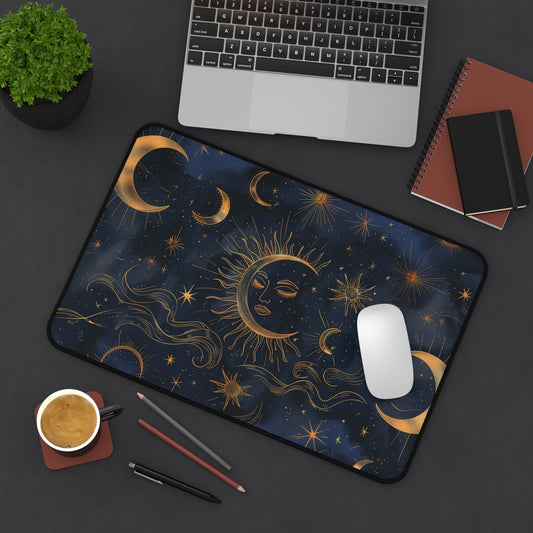 Celestial Sun and Moon Computer Desk Mat | Mystic Stars Mouse Pad | Anti-Slip Neoprene Desk Mat for Home Office | 3 Sizes Available