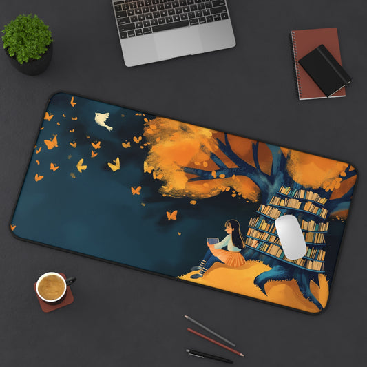 Whimsical Reading Tree Computer Desk Mat | Literary Mouse Pad | Anti-Slip Neoprene Desk Mat for Home Office | 3 Sizes Available