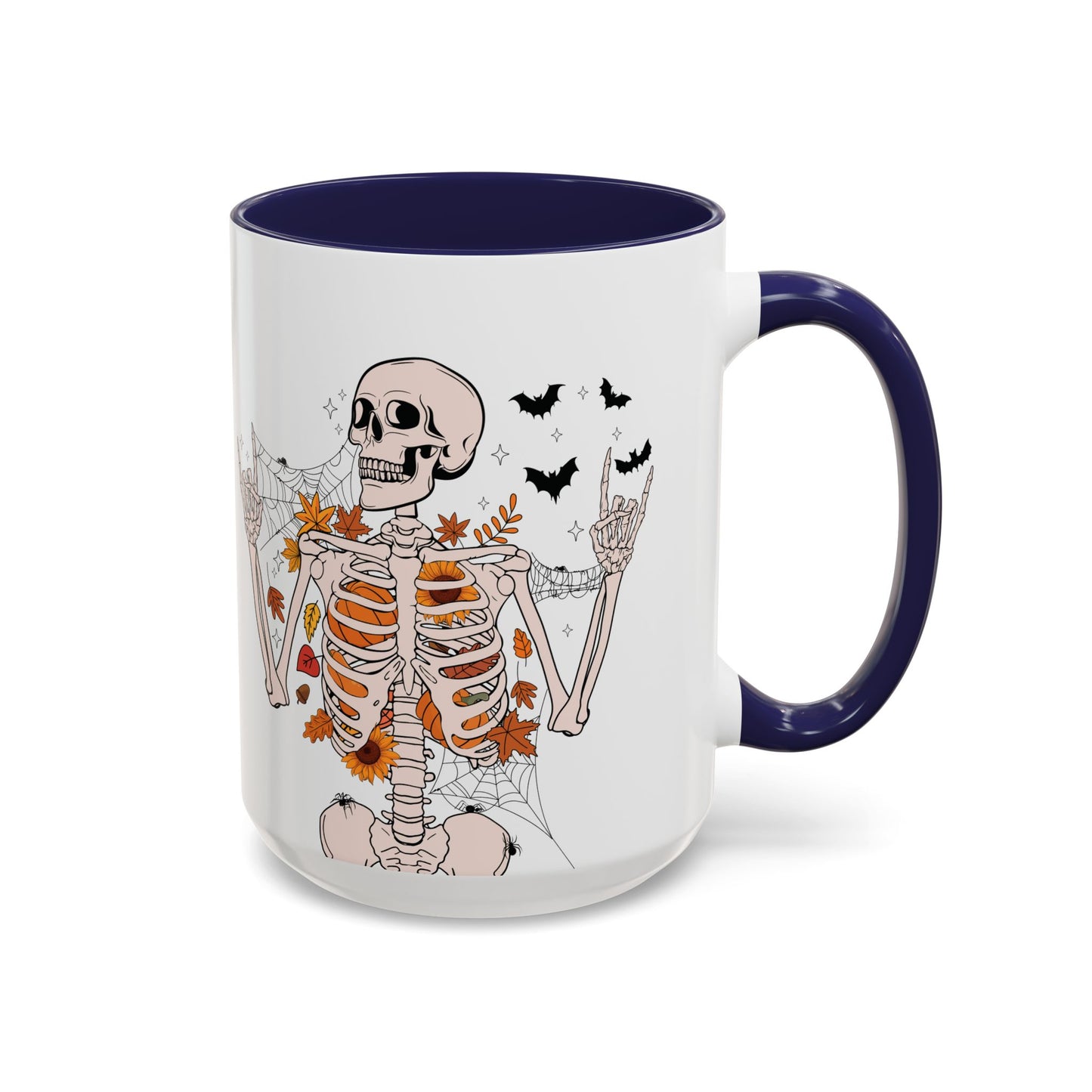 Spooky Skeleton Halloween Mug | 11oz and 15oz Ceramic Coffee Cup | Fall Leaves & Bats Design