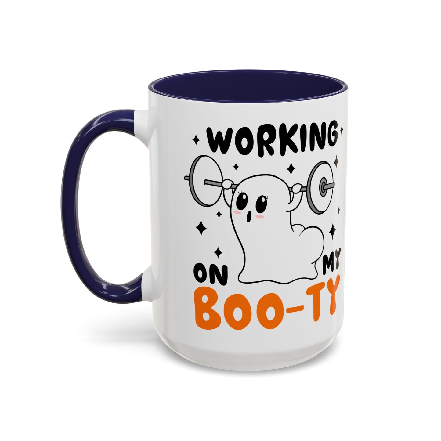 Working on My Boo-ty Halloween Ghost Mug | 11oz and 15oz Ceramic Coffee Cup | Fitness and Humor Design