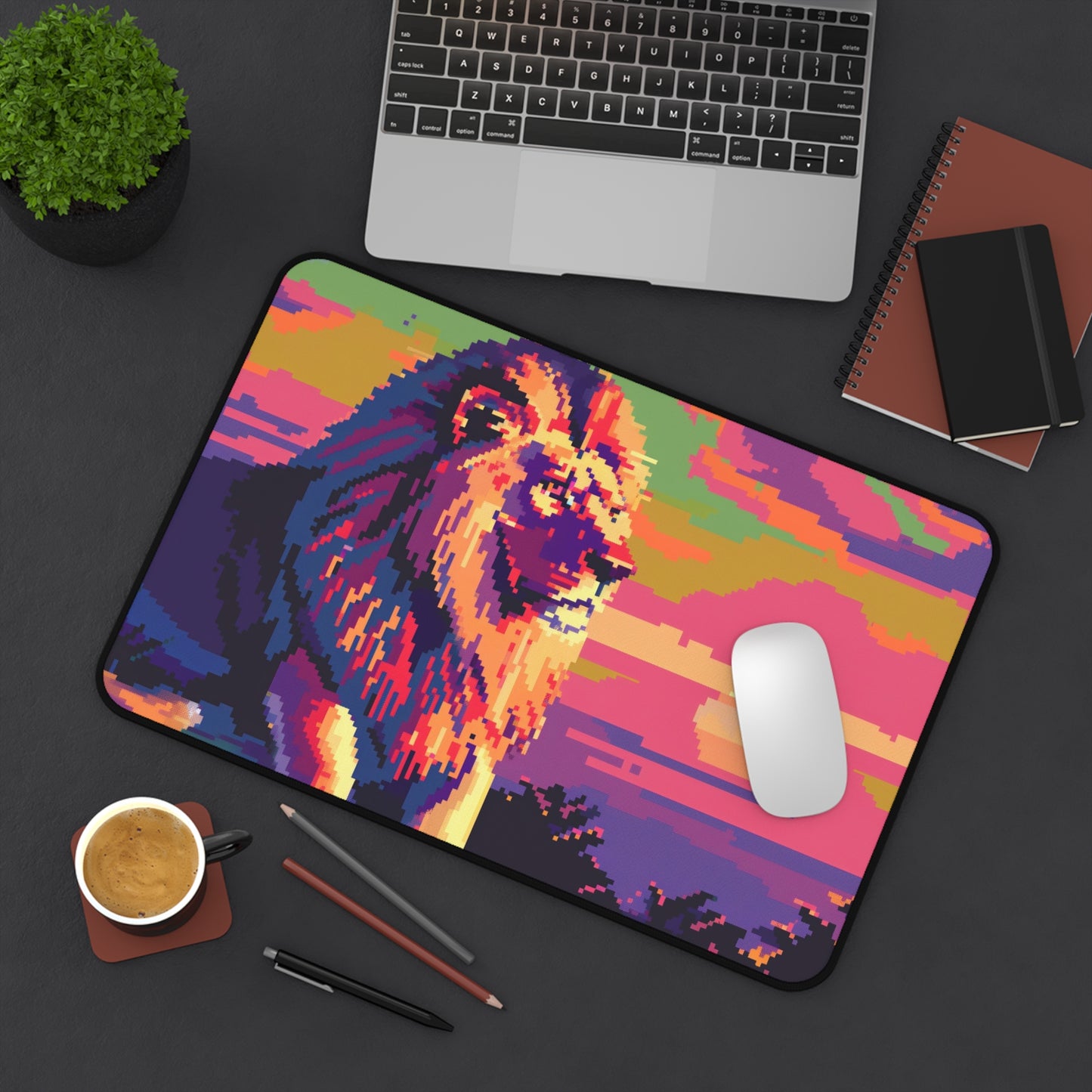 Pixel Art Lion Computer Desk Mat | Vibrant Sunset Mouse Pad | Anti-Slip Neoprene Desk Mat for Home Office | 3 Sizes Available