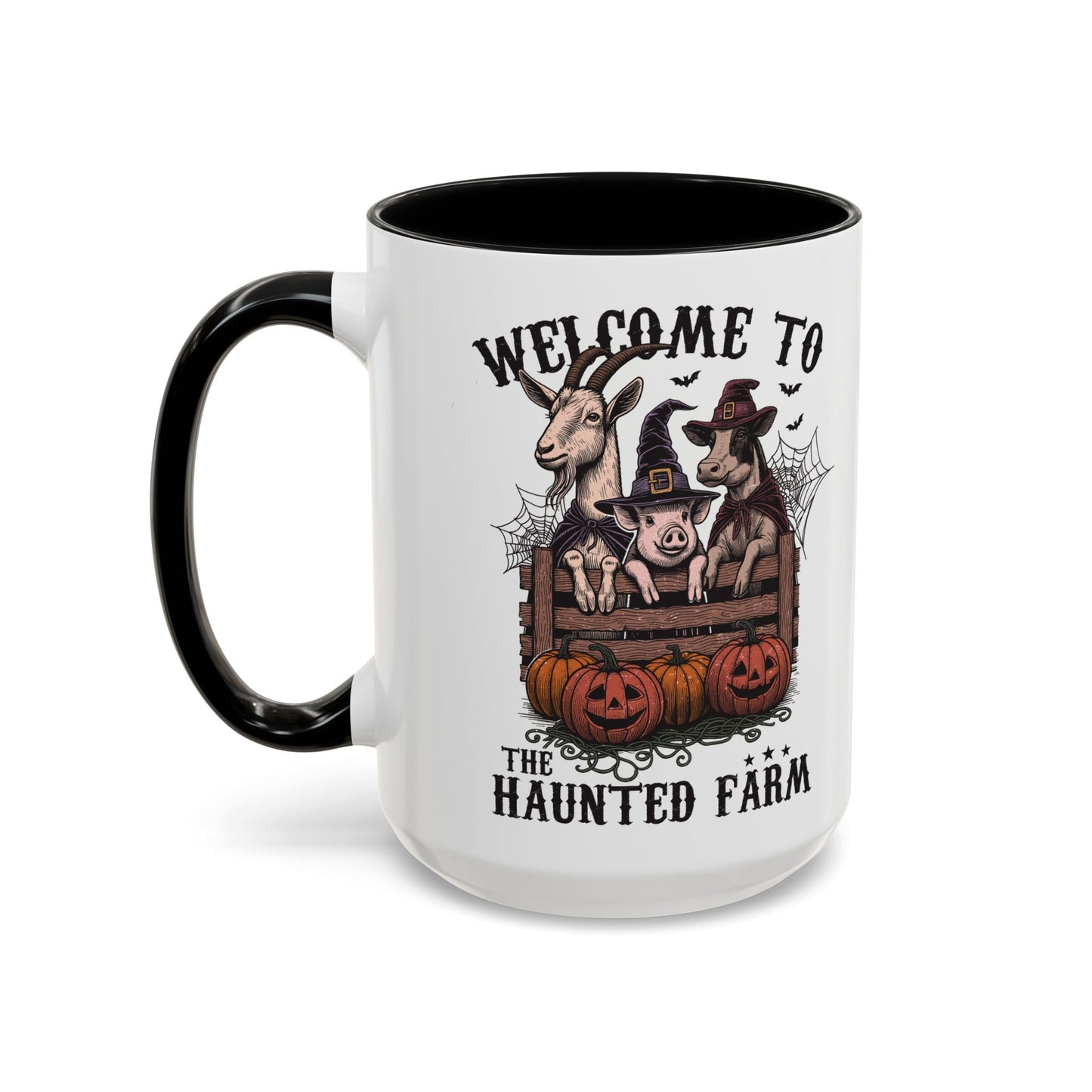 Welcome to the Haunted Farm Mug | Spooky Farm Animal Halloween Cup | Goat, Pig, and Cow in Witch Hats