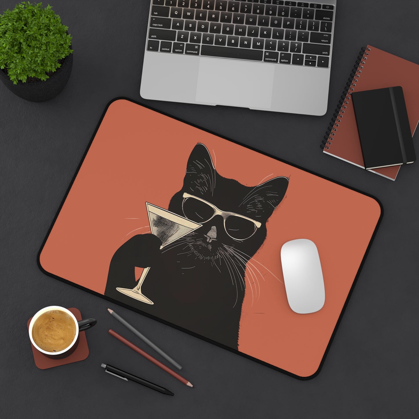 Cool Cat Desk Mat | Retro Black Cat with Martini | Fun Office Decor | Neoprene | Anti-Slip | 3 Sizes