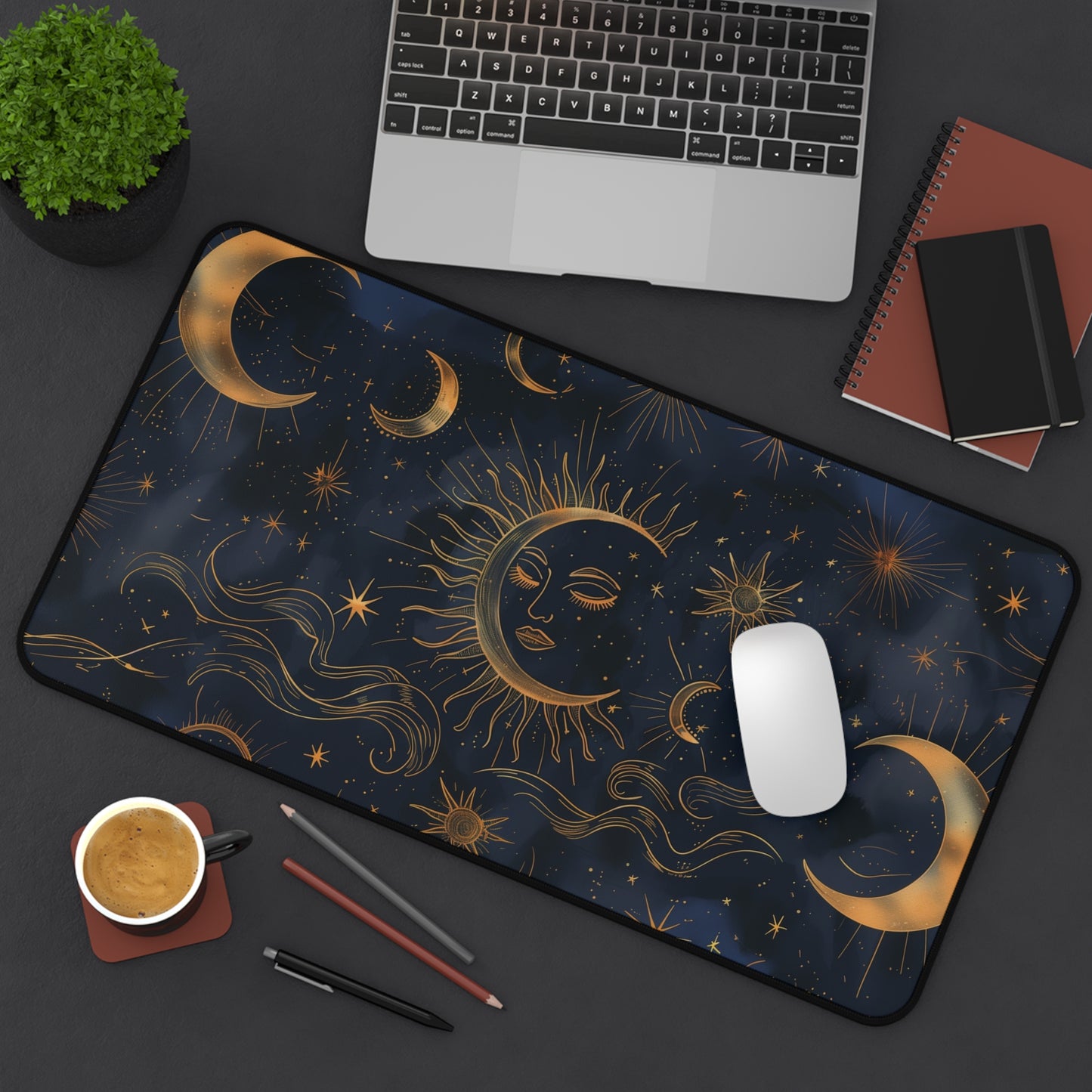 Celestial Sun and Moon Computer Desk Mat | Mystic Stars Mouse Pad | Anti-Slip Neoprene Desk Mat for Home Office | 3 Sizes Available