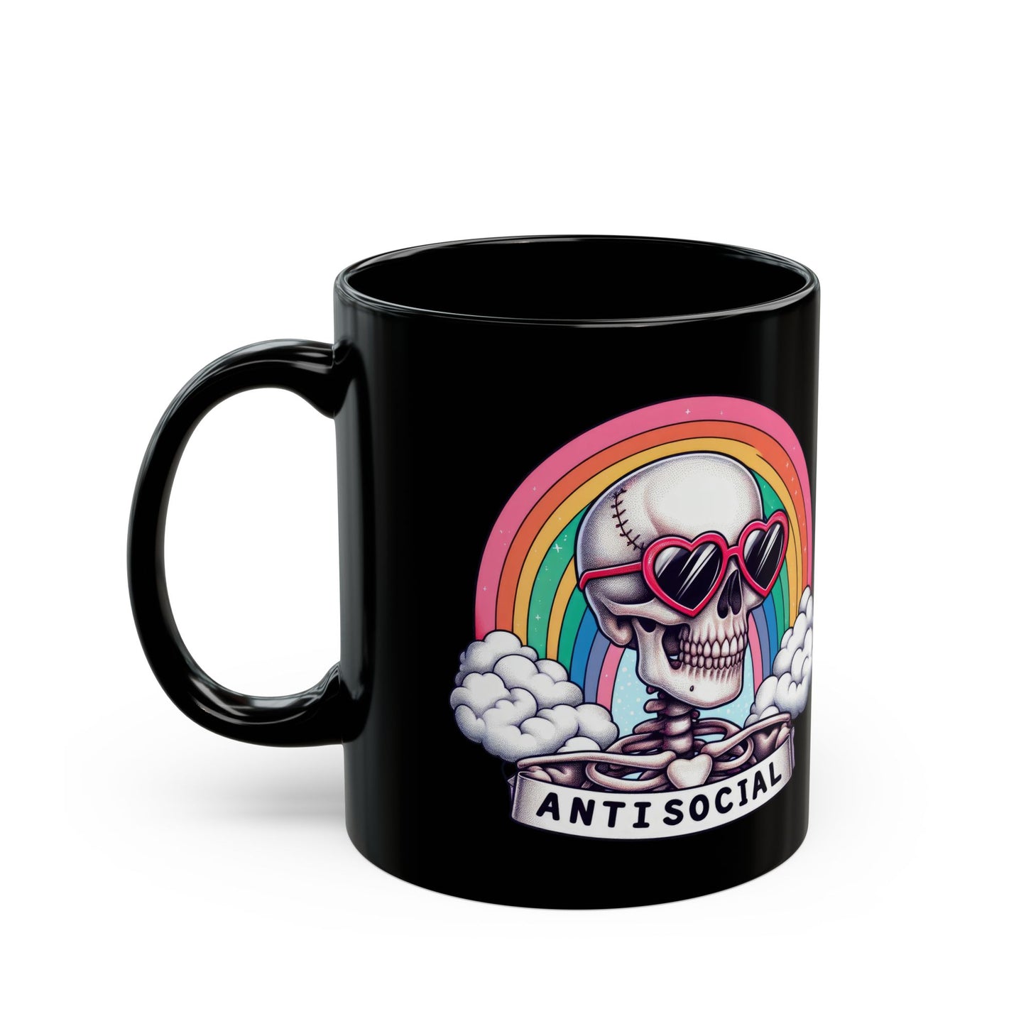 Anti-Social Skull Mug | Retro Rainbow Goth Coffee Cup | Skeleton with Heart Glasses