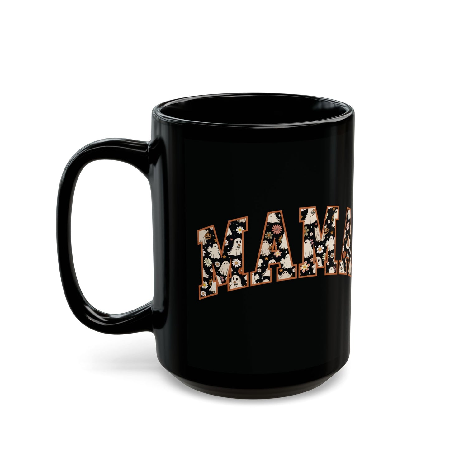 MAMA Halloween Floral Ghost Mug | 11oz and 15oz Black Ceramic Coffee Cup | Stylish and Spooky Design | Perfect Gift for Moms