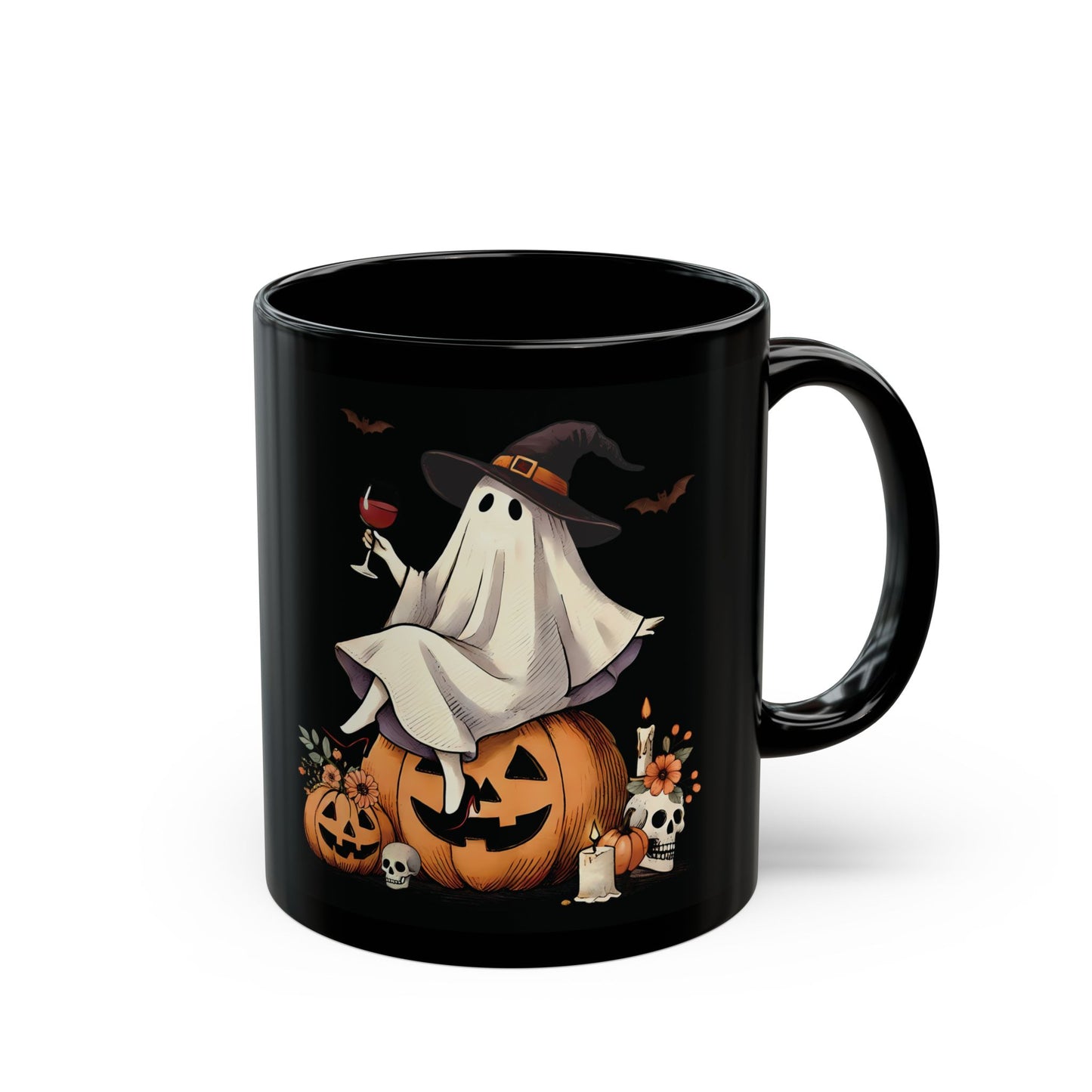 Halloween Ghost on Pumpkin Mug | 11oz /15oz Black Ceramic Coffee Cup | Witch Hat & Wine Design | Spooky and Festive Fall Gift