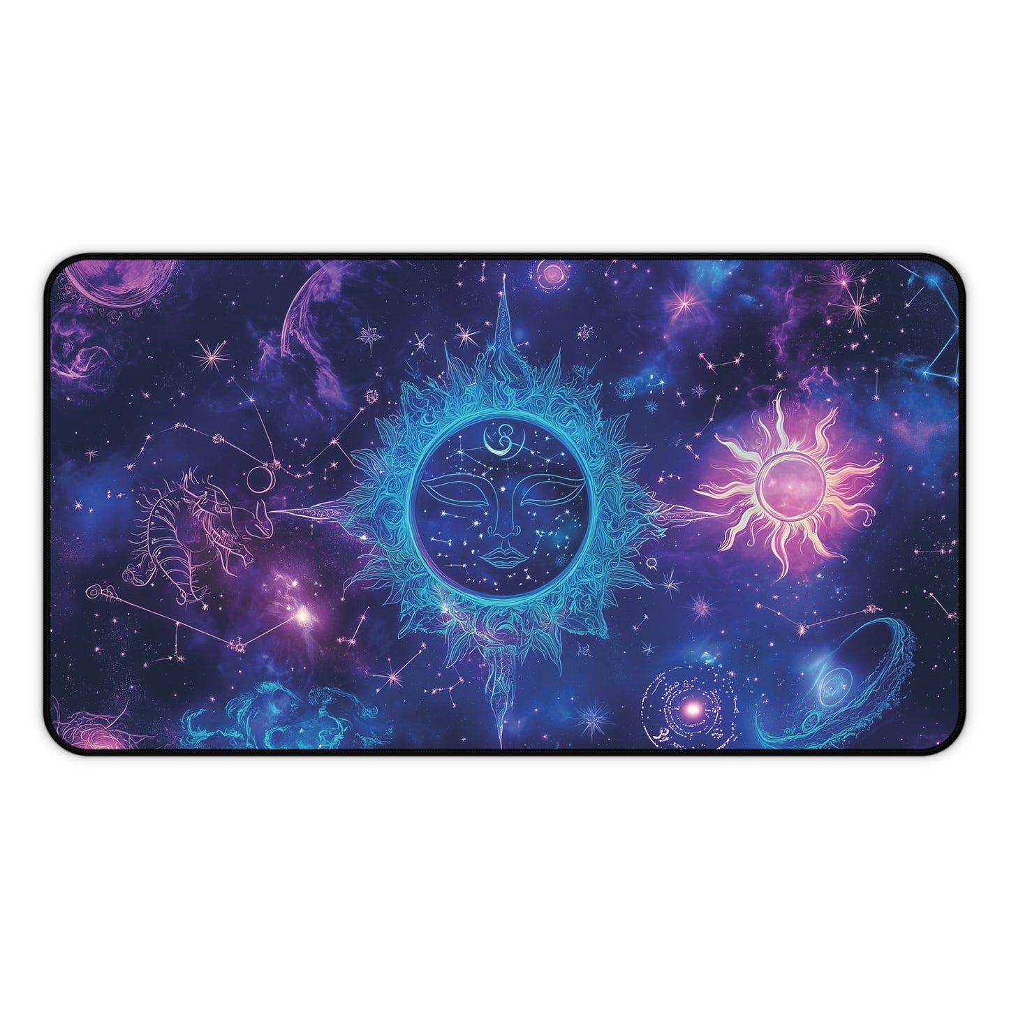 Mystic Sun & Moon Desk Mat | Neoprene | Anti-Slip | Vibrant Celestial Galaxy Design | Office Gaming Decor | 3 Sizes