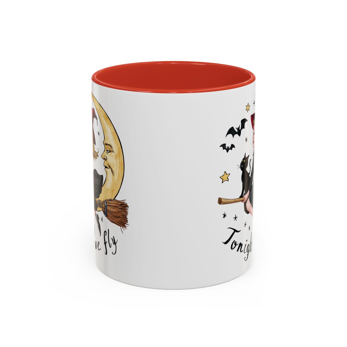 Tonight We Fly Halloween Witch Mug | Vintage Witch and Cat on Broomstick Design | Perfect Halloween Coffee Mug