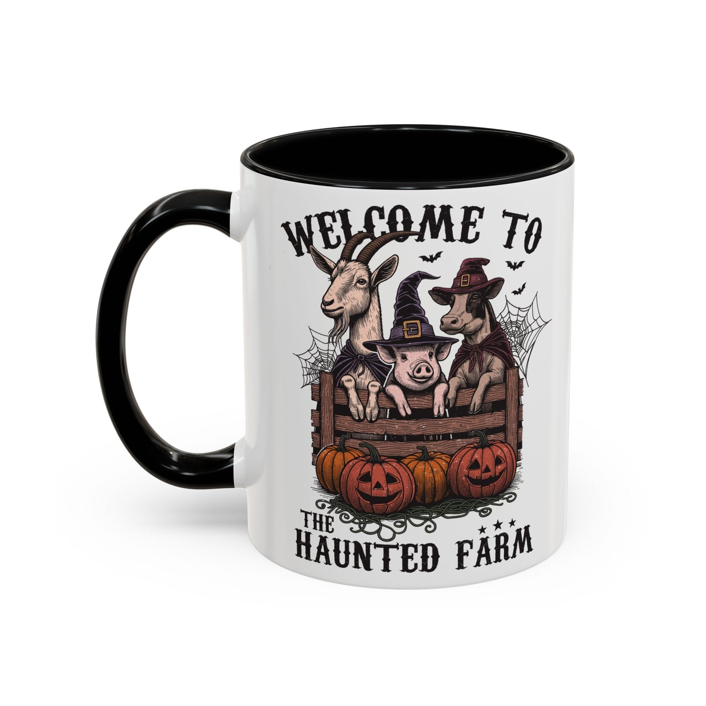 Welcome to the Haunted Farm Mug | Spooky Farm Animal Halloween Cup | Goat, Pig, and Cow in Witch Hats