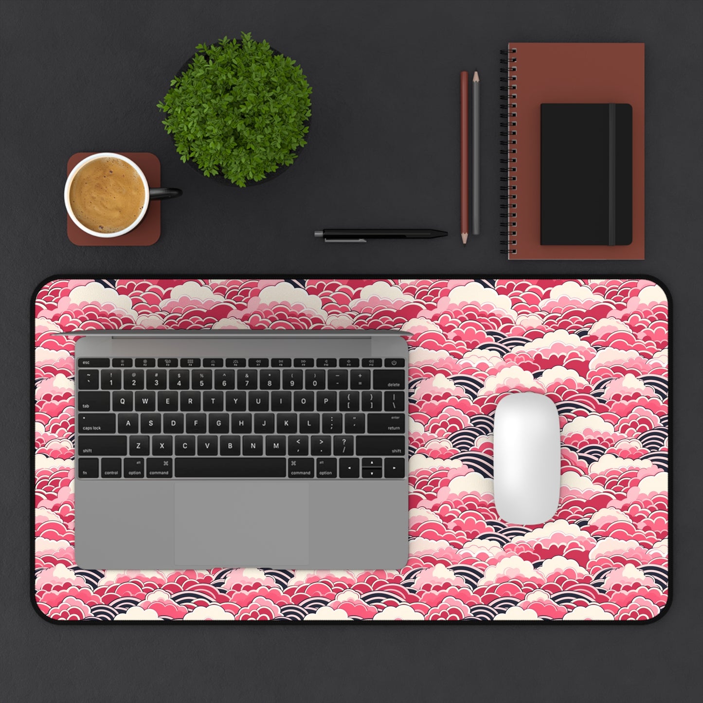 Japanese Pink Wave Pattern Desk Mat - Customizable Neoprene Anti-Slip Mouse Pad - Elegant Office Decor - Available in 3 Sizes