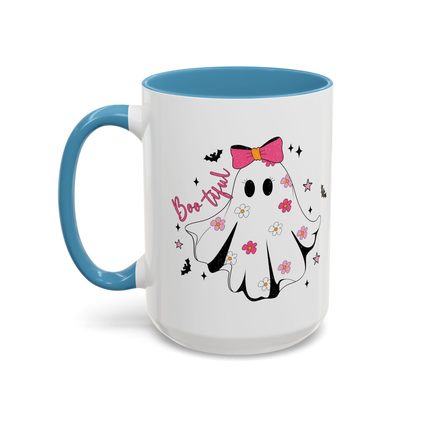 Boo-tiful Halloween Ghost Mug | 11oz and 15oz Coffee Cup | Cute Floral Design | Pink, Red, Black, Light Blue, or Navy Handle and Interior