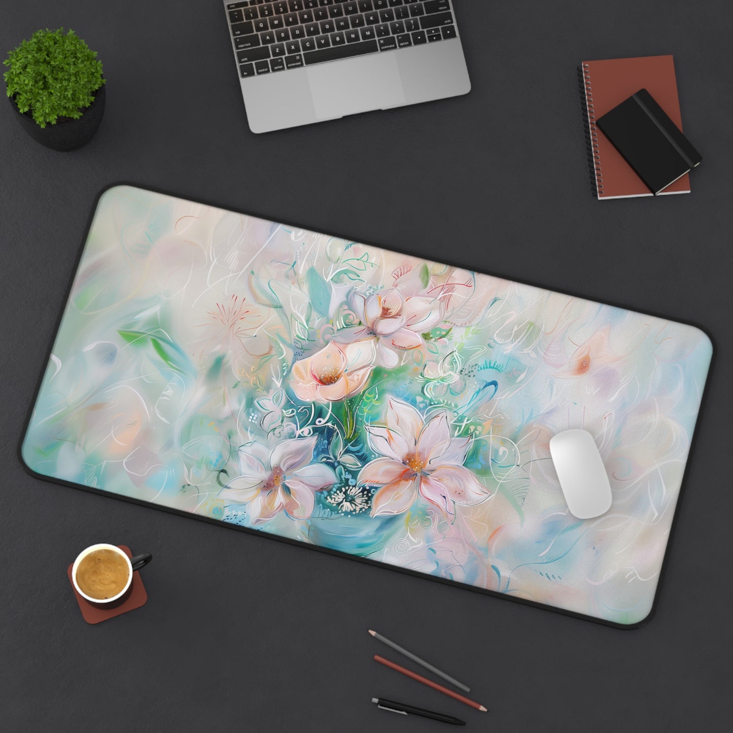 Ethereal Bloom Computer Desk Mat | Pastel Floral Mouse Pad | Anti-Slip Neoprene Desk Mat for Home Office | 3 Sizes Available