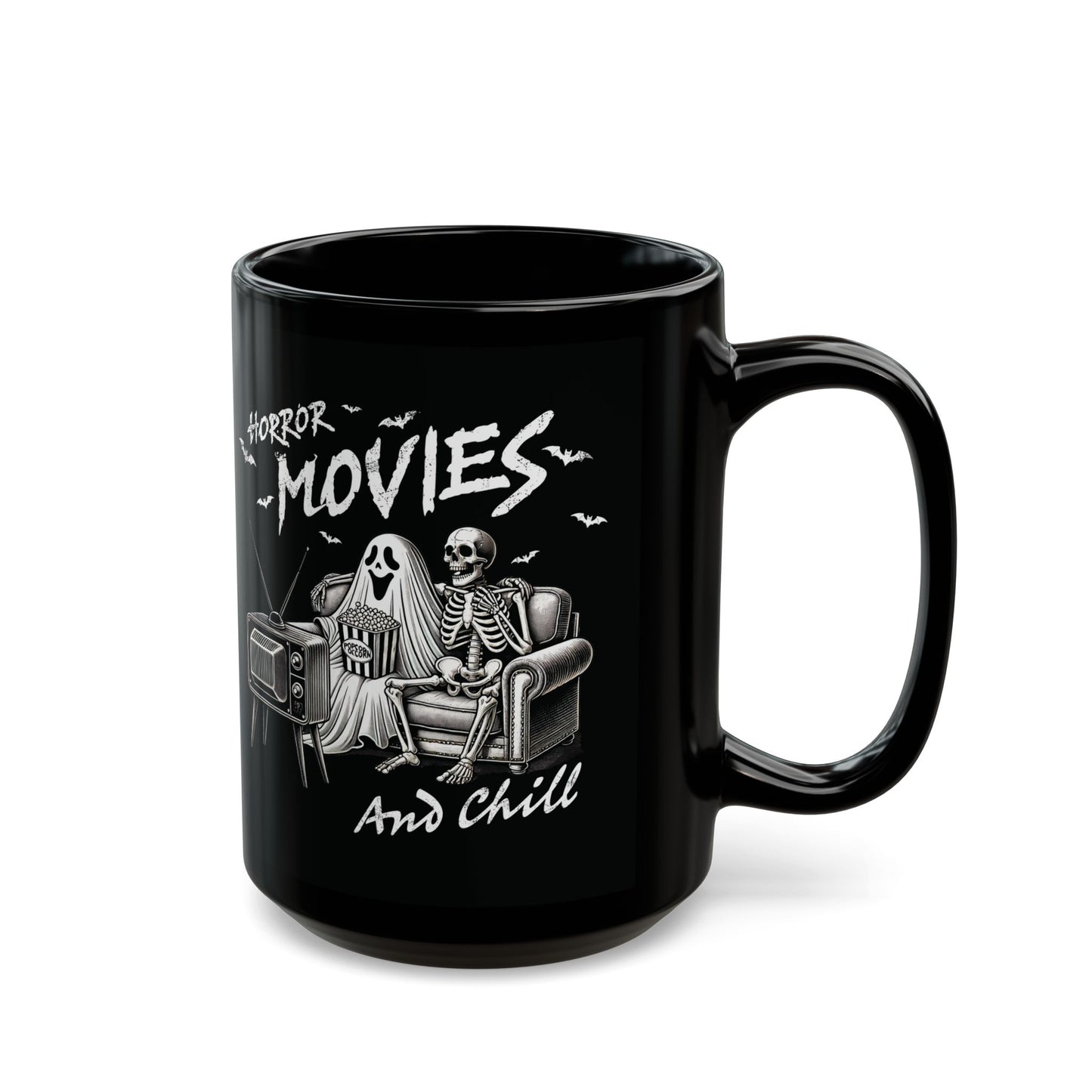 Horror Movies and Chill Halloween Mug | 11oz and 15oz Ceramic Coffee Cup | Spooky Skeleton and Ghost Design