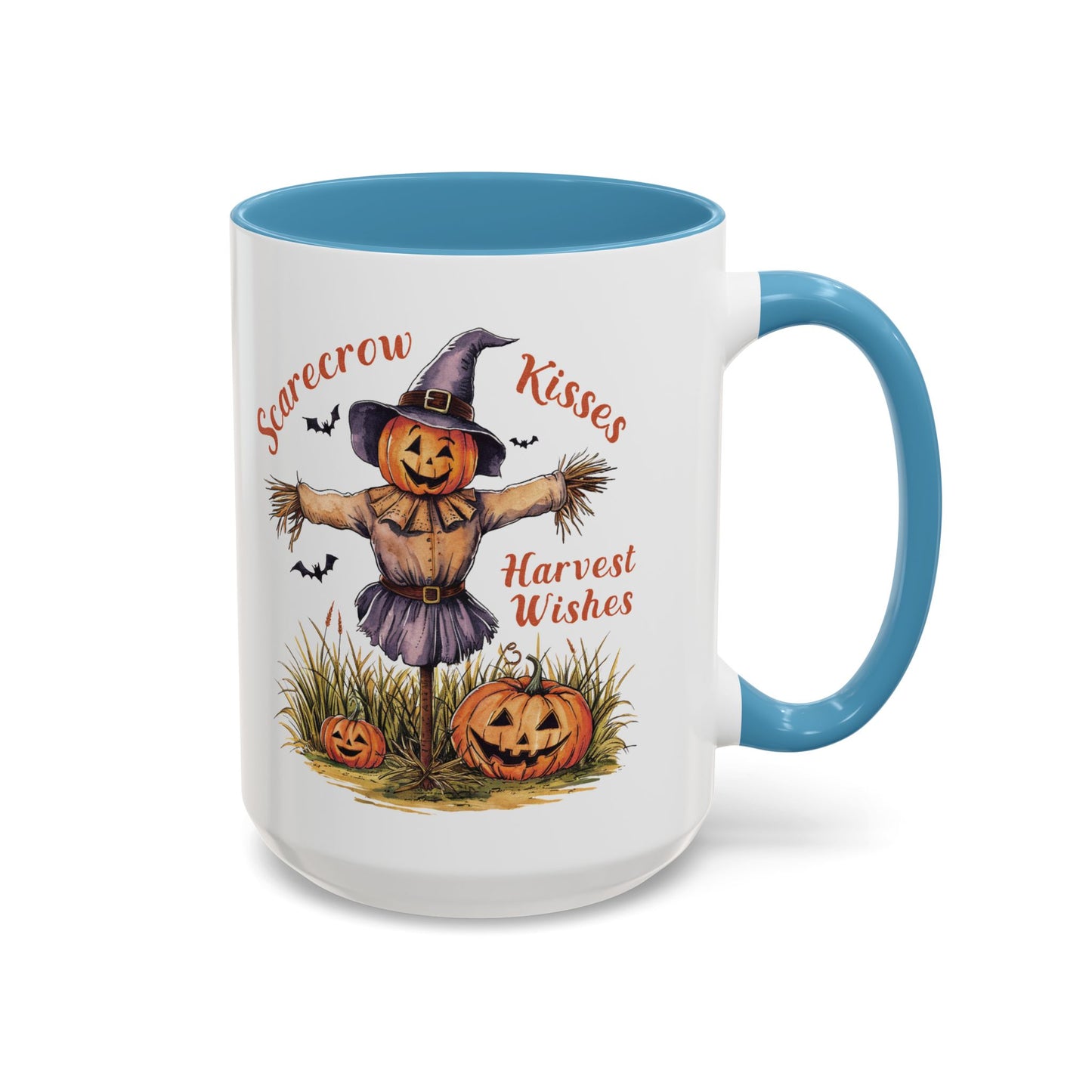 Scarecrow Kisses and Harvest Wishes Mug | Fall Scarecrow and Pumpkin Design | Perfect Autumn Coffee Mug for Cozy Mornings