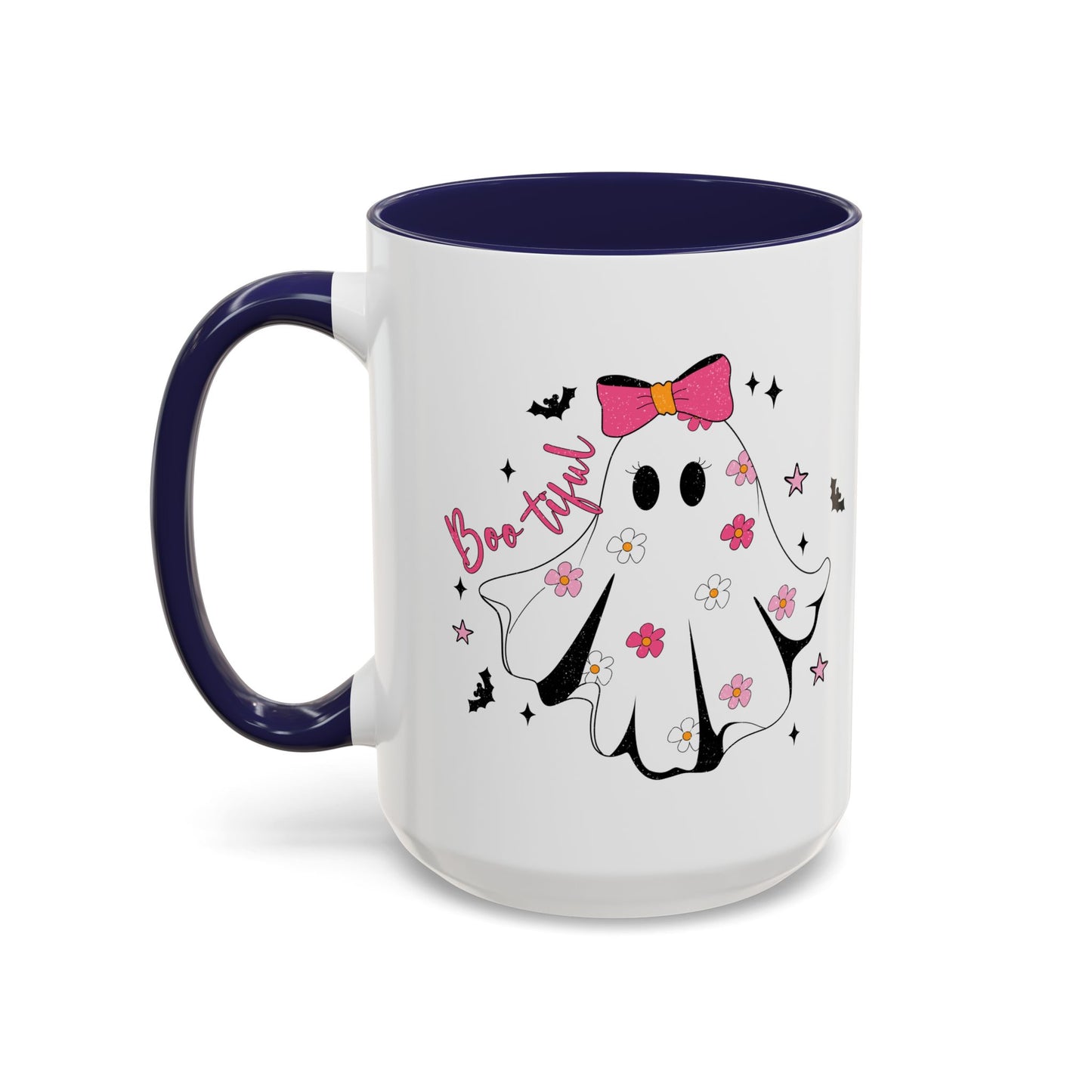 Boo-tiful Halloween Ghost Mug | 11oz and 15oz Coffee Cup | Cute Floral Design | Pink, Red, Black, Light Blue, or Navy Handle and Interior