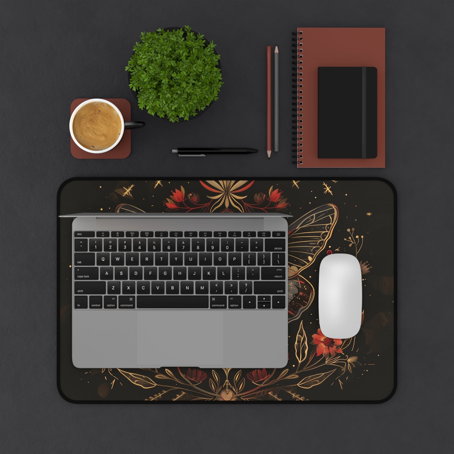 Mystical Moth Computer Desk Mat | Enchanted Floral Mouse Pad | Anti-Slip Neoprene Desk Mat for Home Office | 3 Sizes Available