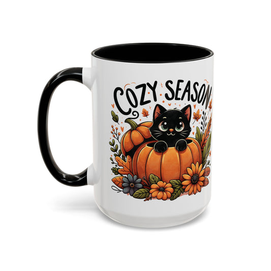 Cozy Season Mug | 11oz and 15oz Ceramic Coffee Cup | Cute Black Cat & Pumpkin Fall Design