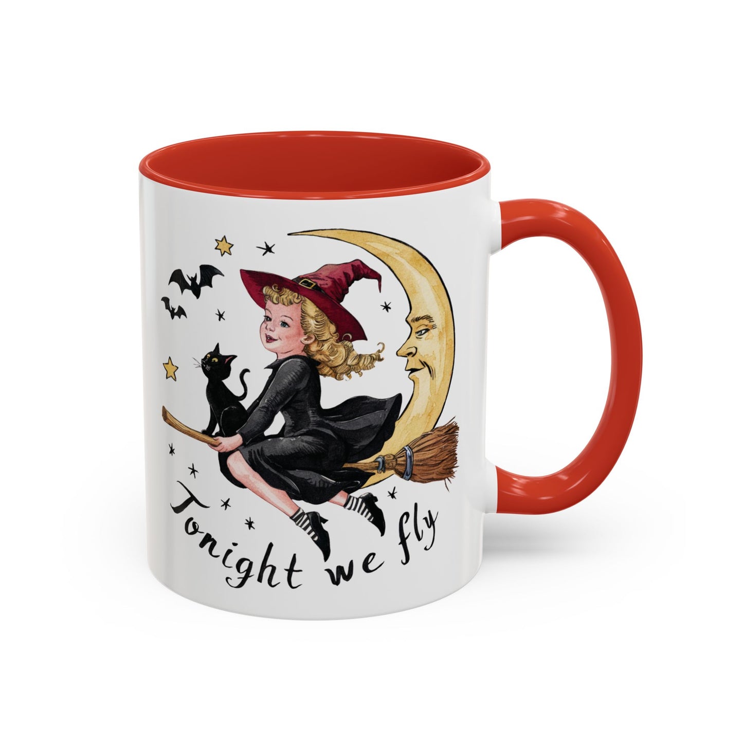 Tonight We Fly Halloween Witch Mug | Vintage Witch and Cat on Broomstick Design | Perfect Halloween Coffee Mug