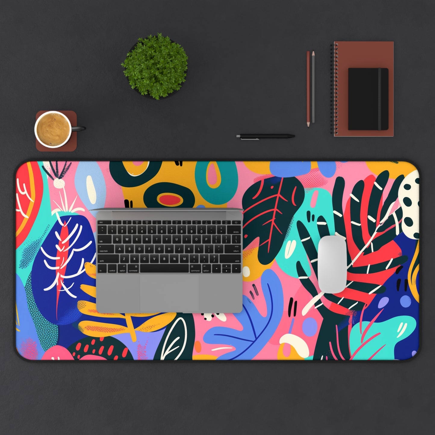 Colorful Abstract Computer Desk Mat | Vibrant Leaves and Shapes Mouse Pad | Anti-Slip Neoprene Desk Mat for Home Office | 3 Sizes Available