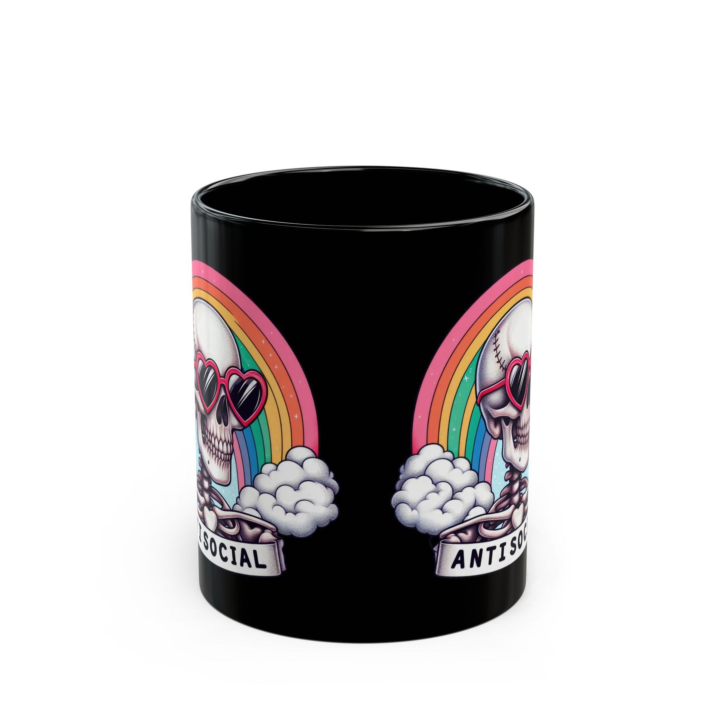 Anti-Social Skull Mug | Retro Rainbow Goth Coffee Cup | Skeleton with Heart Glasses