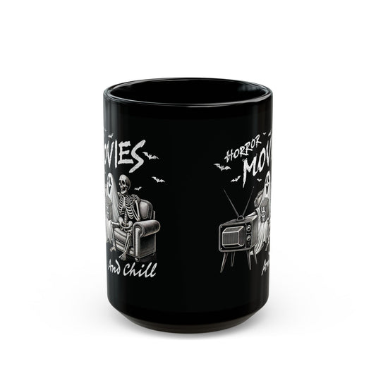 Horror Movies and Chill Halloween Mug | 11oz and 15oz Ceramic Coffee Cup | Spooky Skeleton and Ghost Design