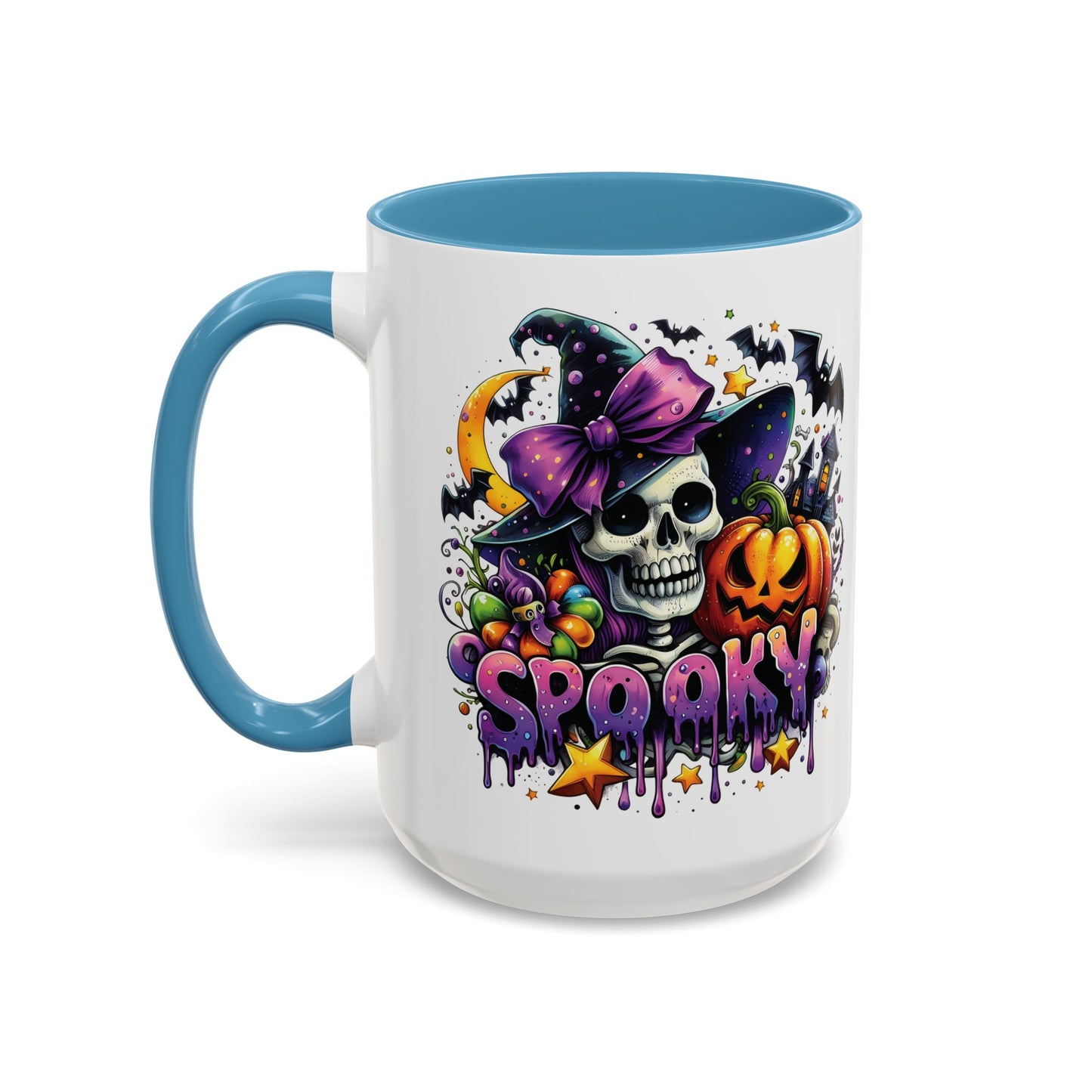 Spooky Halloween Skull Mug | Colorful Witch Hat and Pumpkin Design | 11oz and 15oz Ceramic Coffee Cup