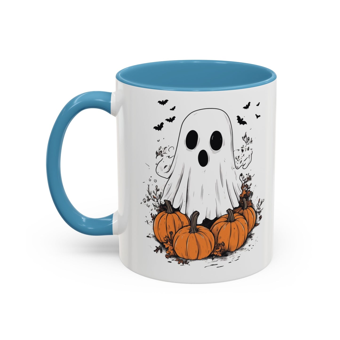 Halloween Ghost Mug - Cute Pumpkin Coffee Cup - White Ceramic Mug with Red Accent - Spooky Fall Gift - 11oz & 15oz - BPA Free